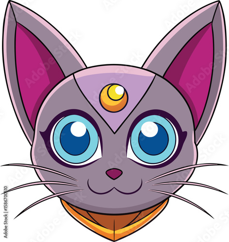 Cute cartoon cat with big blue eyes and crescent moon symbol on forehead
