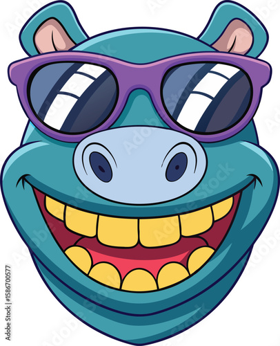 Cool cartoon hippo wearing purple sunglasses and smiling widely with yellow teeth