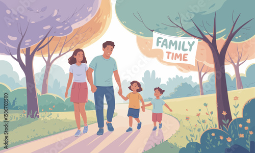A family of four walks hand-in-hand along a path in a park with trees; a sign reading "Family Time" hangs from a tree.