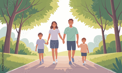 A family of four, including parents and two young sons, walking hand-in-hand along a path in a park with trees and greenery on either side, bathed in sunlight.
