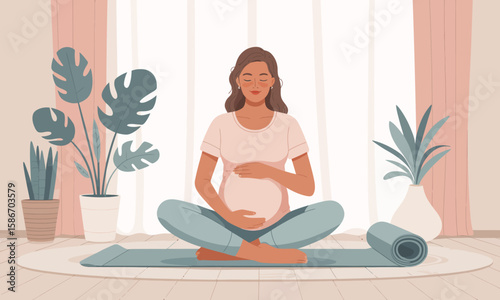 Pregnant woman meditating in a lotus position on a yoga mat at home, surrounded by potted plants and natural light.