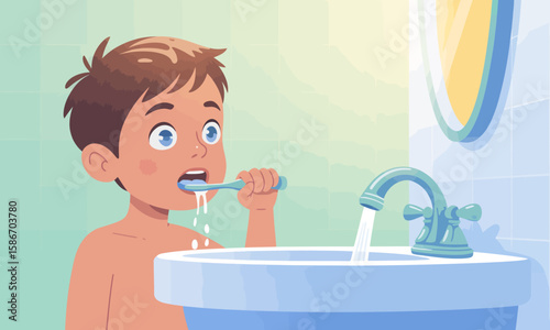 A young boy with brown hair brushes his teeth in front of a sink with running water and a mirror in a bright bathroom.