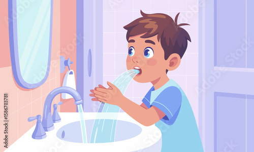 Young boy in a bathroom drinking water directly from the faucet, with hands cupped to catch the stream.