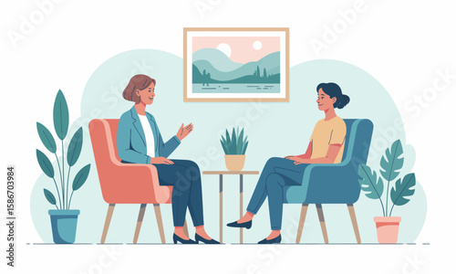 Two women sit facing each other in armchairs, engaged in conversation in a bright, modern room with plants and artwork.