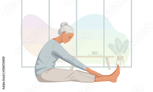 An elderly woman with gray hair sits on the floor stretching her legs in front of a window with a view of a plant and table.