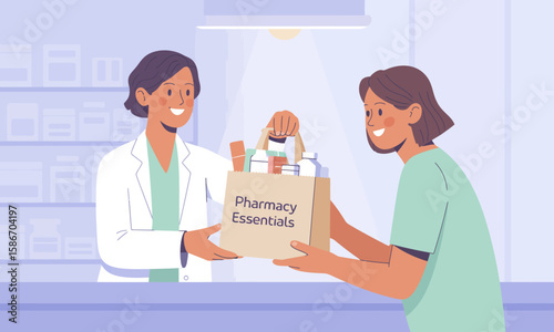 A pharmacist hands a paper bag labeled "Pharmacy Essentials" to a customer across a counter in a pharmacy setting.
