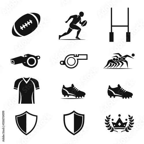 Rugby icons: ball, player, posts, whistle, scrum, jersey, boots, shields, crown, and laurel wreath.