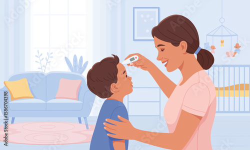 A mother uses a digital thermometer to check her young son's temperature in a bright, pastel-colored room with a crib and living area.