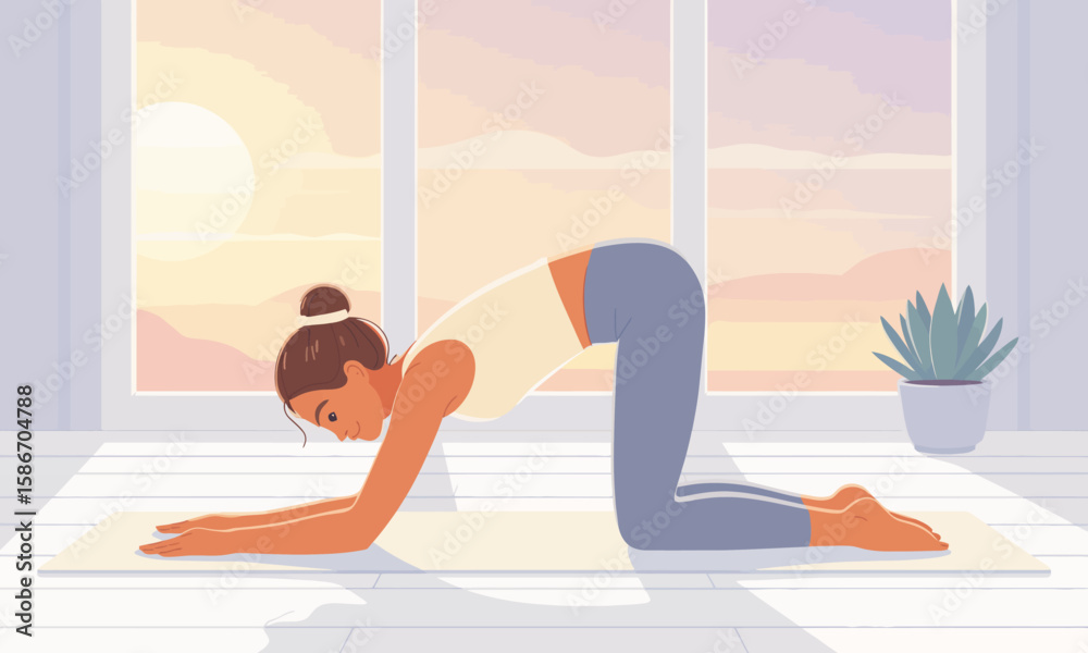 Obraz premium Woman in yoga pose indoors on a mat, with sunlight streaming through the window, creating a peaceful and healthy atmosphere.