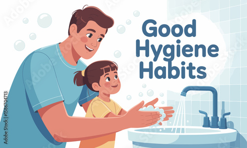 A father and daughter wash their hands together at a sink with running water, promoting good hygiene habits.