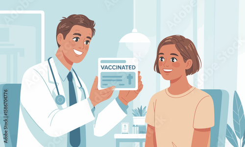 A smiling doctor in a white coat holds up a "Vaccinated" card to a young girl patient in a medical setting.