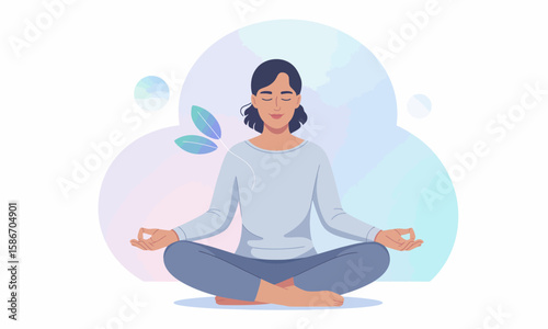 A woman with closed eyes sits in a lotus position meditating against a pastel, abstract background with leaf accents.