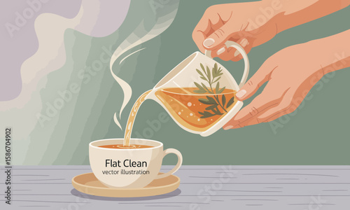 Hands pour herbal tea from a glass teapot into a white cup, steam rising, on a table with a textured green background.