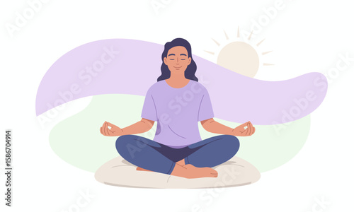 A woman is meditating in a lotus position on a cushion, with a sun and abstract shapes in the background.