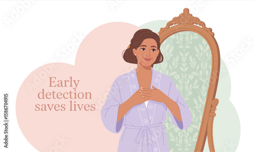 Woman in robe performs breast self-exam in front of a mirror, with text emphasizing early detection.