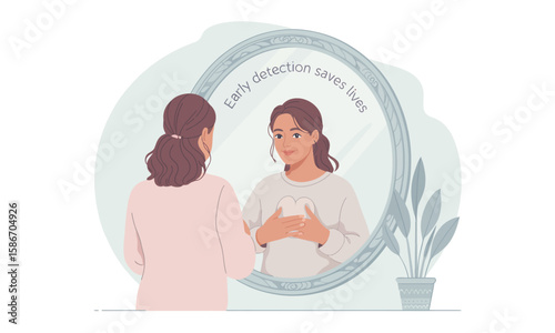 Illustration of a woman examining her breasts in a mirror with the text "Early detection saves lives".