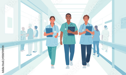 Three diverse medical professionals walk confidently down a bright hospital hallway, holding clipboards, with other staff and patients visible in the background.