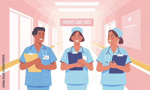 Three smiling healthcare professionals, a doctor and two nurses, stand in a hospital hallway with clipboards, promoting patient care.