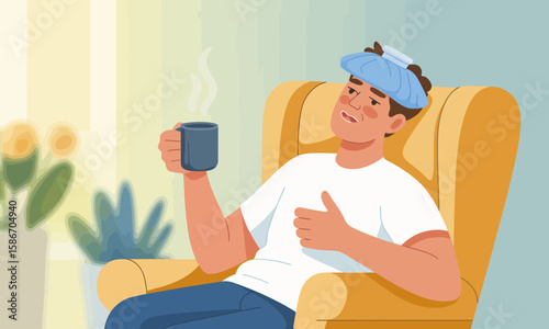 A man sits in a chair with an ice pack on his head, holding a steaming mug, looking unwell and gesturing to his chest.