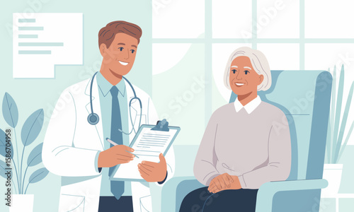 A young male doctor is consulting with an elderly female patient in a medical office, taking notes on a clipboard.