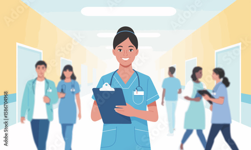 Smiling nurse holds a clipboard in a hospital hallway with other medical staff and doors visible in the background.