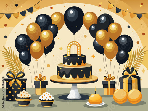 vector of Birthday decoration with balloons installed on the arch in gold and black color and in front of the table for cream cake and... a beautiful photography collection