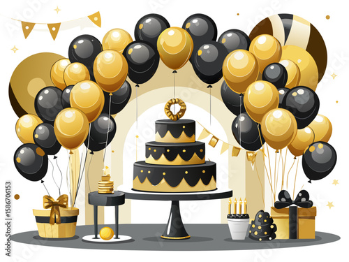 vector of Birthday decoration with balloons installed on the arch in gold and black color and in front of the table for cream cake and... a beautiful photography collection