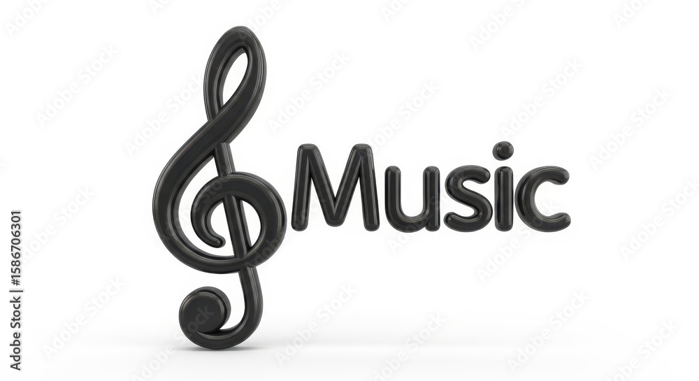 Naklejka premium Black 3 D Treble Clef and Music Text on White Background g clef musical note