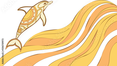 Stylized Dolphin Leaping Over Swirling Waves, Retro Orange and Yellow Vector Design Illustration