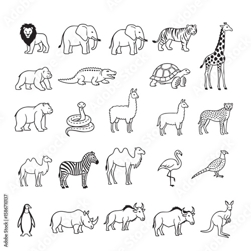 Diverse collection of wild animals in black and white line art lion elephant