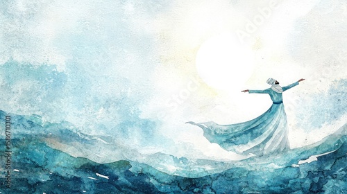 Sufi whirling above a mountain range with open arms and flowing dress