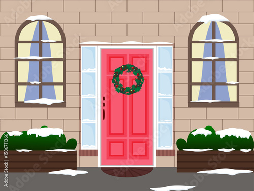 House facade. Winter, Christmas and New Year holidays. Door with a Christmas wreath. Windows with curtains. Preparation and anticipation of the holiday. Snowdrifts and snow. Boxes with decorative