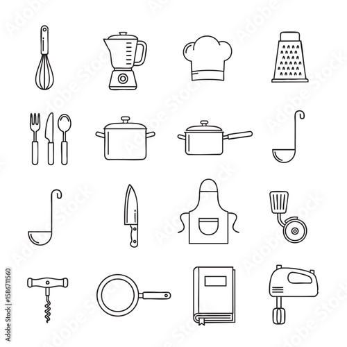Whisk blender chef hat grater fork knife spoon pot ladle chef knife apron spatula corkscrew frying pan book mixer