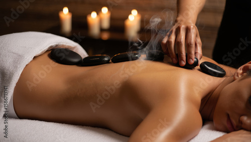 Medium shot of a therapist placing hot steaming basalt stones on a woman's back for a relaxing massage in a spa with soft candlelight.

