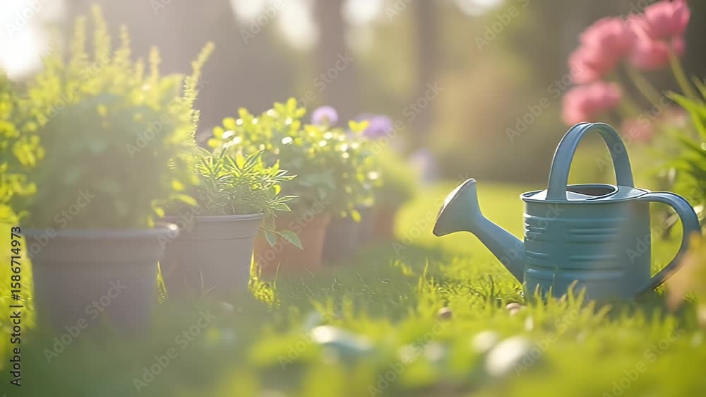 Celebrate spring gardening crisp K close ups terracotta pots bright tools green seedlings arranged lush grass radiating cultivation joy DIY channels seed companies eco friendly