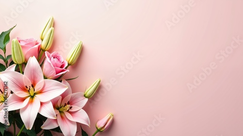 Delicate blooming lilies and roses flowers, pastel pink color, bouquet flower card, wedding invitation background
