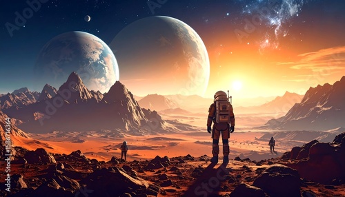Astronaut on alien landscape, planets