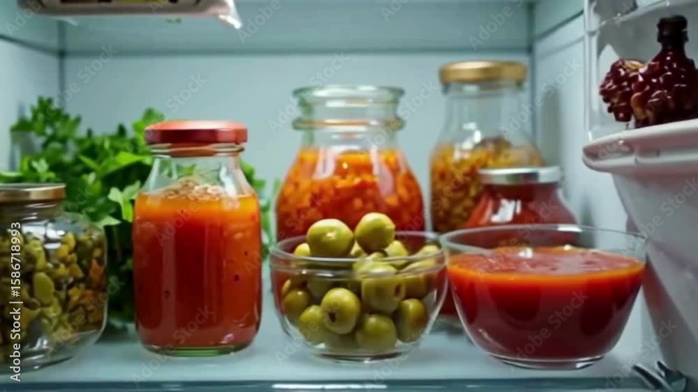 Inside a refrigerator, glass jars and bowls containing various preserved vegetables and fresh herbs present a colorful, fresh, and organized culinary storage scene.