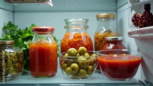 Inside a refrigerator, glass jars and bowls containing various preserved vegetables and fresh herbs present a colorful, fresh, and organized culinary storage scene.