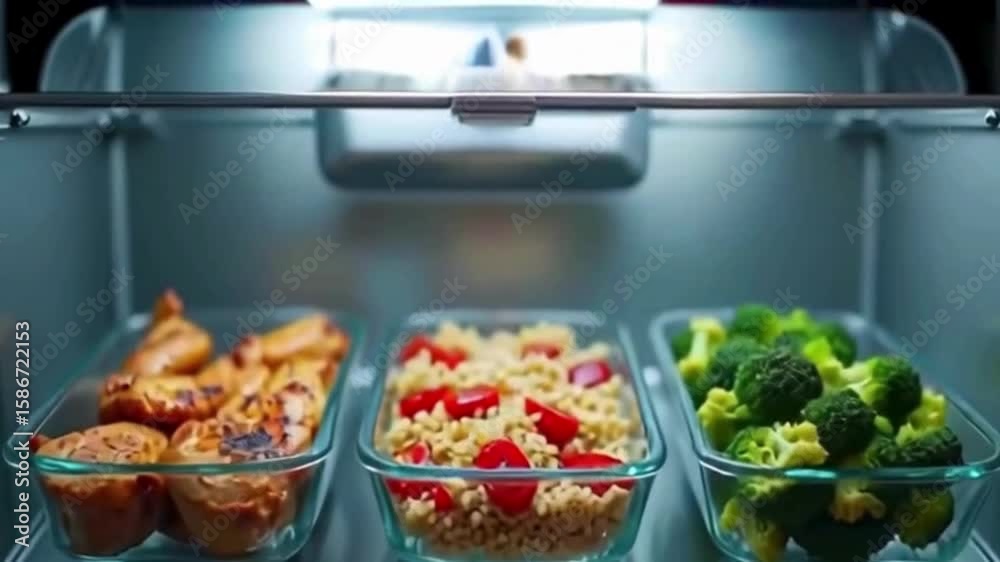 Freshly prepared healthy meals stored in glass containers inside a refrigerator maintain nutrition and support a balanced diet.