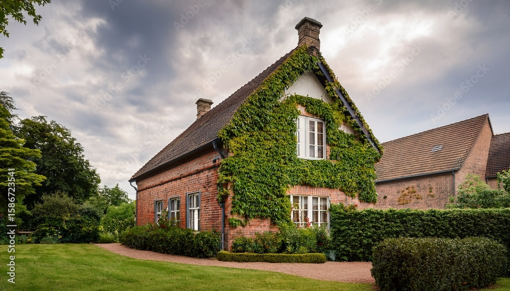 Fototapeta premium charming brick house adorned with green ivy surrounded by a lush garden on a cloudy day in a serene countryside location
