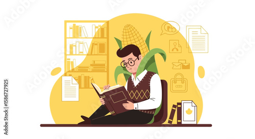 Absorbed Reader With Corn Concept For Education And Environment Resources