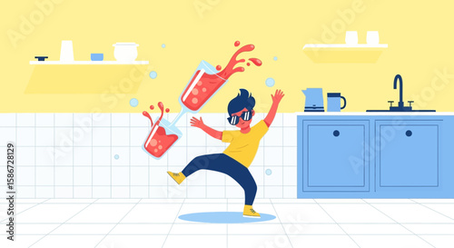 Accident In Kitchen Cartoon Illustration, Person Dropping Drink And Making A Mess