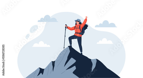Achieving Summit Reaching Top Peak With Backpack Traveling Destination Journey