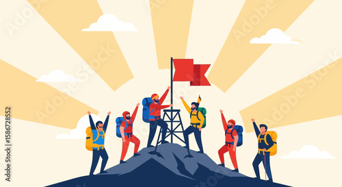 Achieving Teamwork Heights Illustration Celebrating Victory On A Mountain Summit