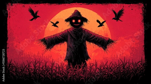 Spooky Scarecrow under Red Moon in Cornfield with Crows for Halloween!