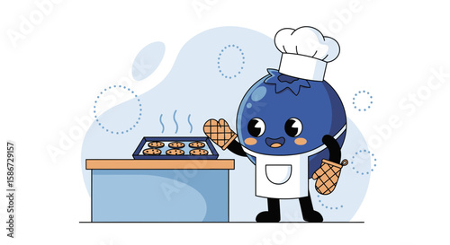 Adorable Blueberry Chef Baking Cookies In A Kitchen Cartoon Illustration Design