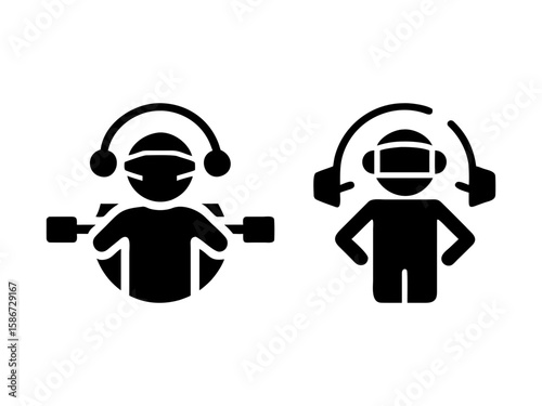 Vector icon set of black silhouettes representing virtual reality and augmented reality users. Includes people with headsets and controllers. Perfect for gaming, metaverse, tech, and immersive experie