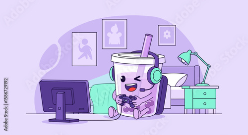 Adorable Milk Tea Character Concentrating on Gaming in a Cozy Bedroom Scene