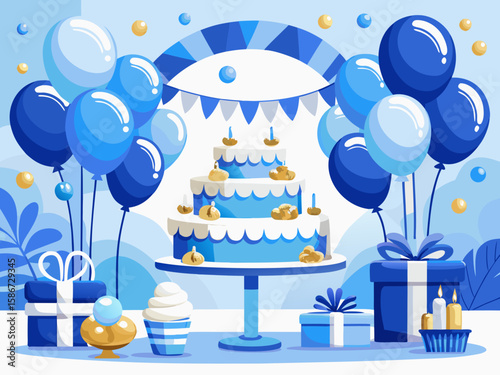 vector of Birthday decoration with balloons installed on the arch in blue and white color and in front of the table for cream cake and... a beautiful photography collection